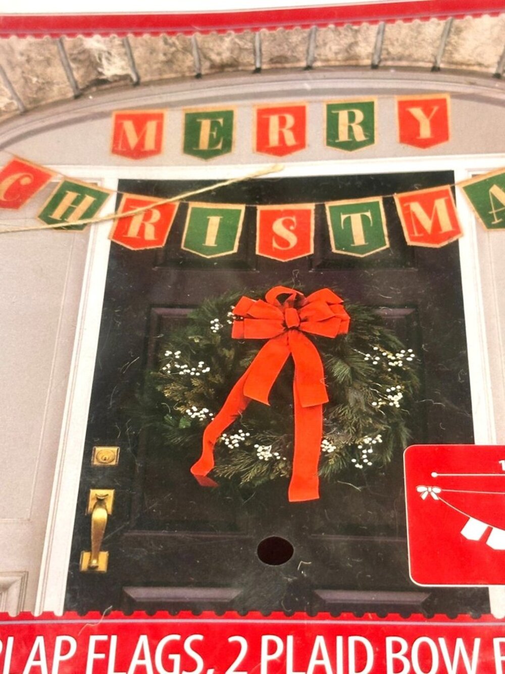 Merry Christmas Burlap Banner Flags Plaid Bow Ribbons For Indoor Outdoor Decor
